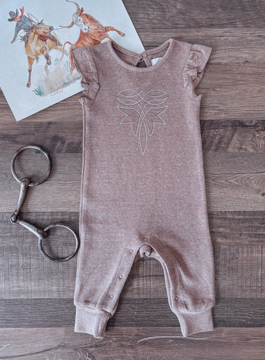 Boot Stitch Waffle Ruffle Sleeve Romper (12-18M) - Truffle