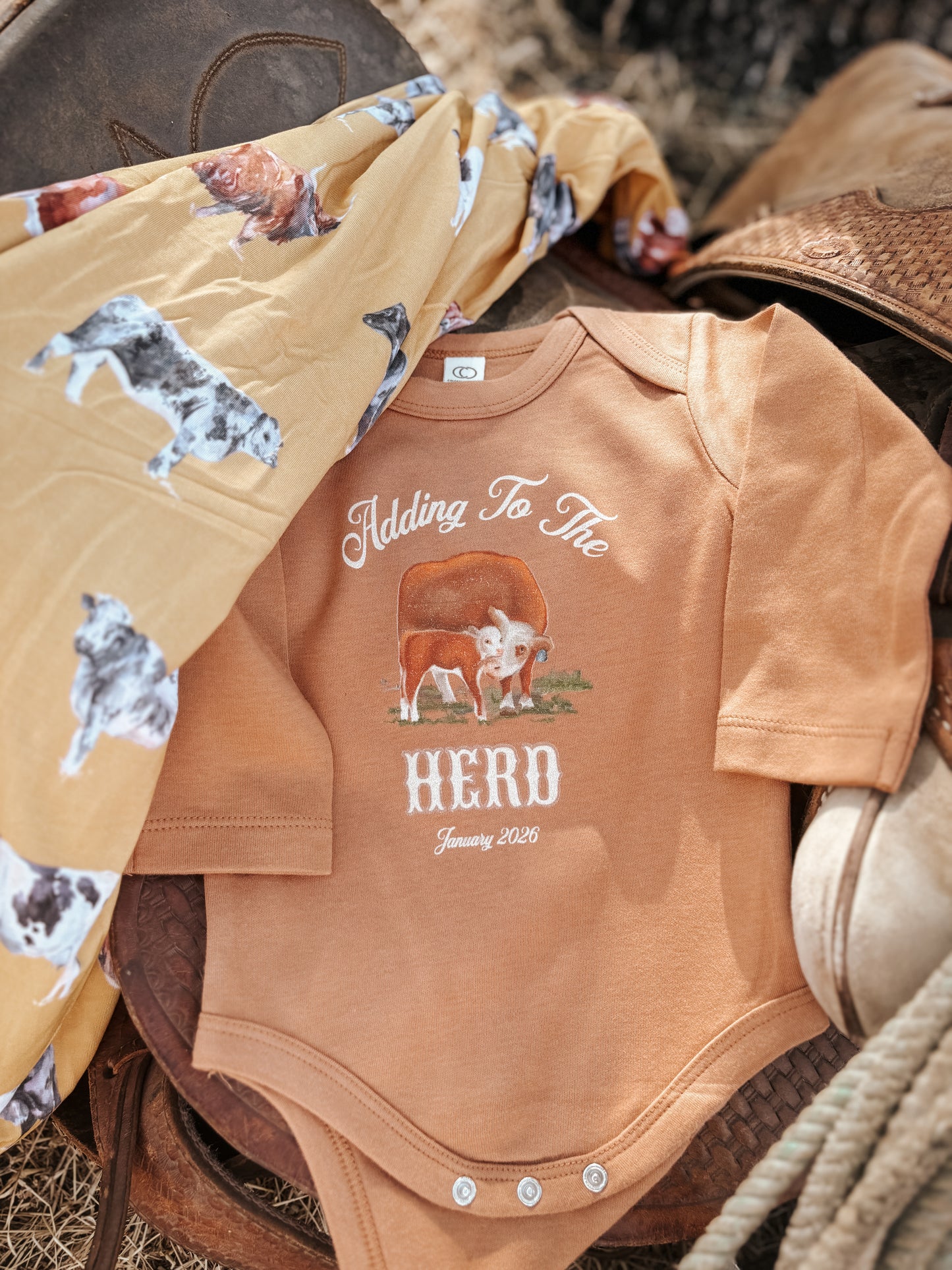 Adding to the Herd - Hereford Bodysuit with CUSTOM DATE (Ginger)