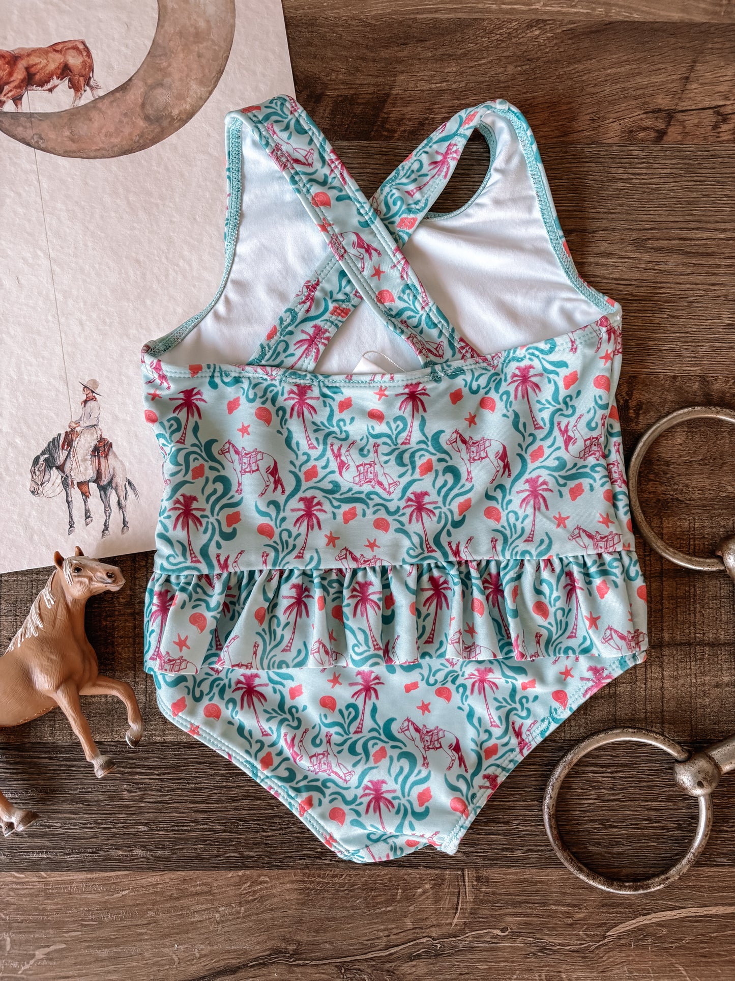 Beach Horse One-Piece Ruffle Swimsuit (Baby, Toddler, & Youth) - Teal