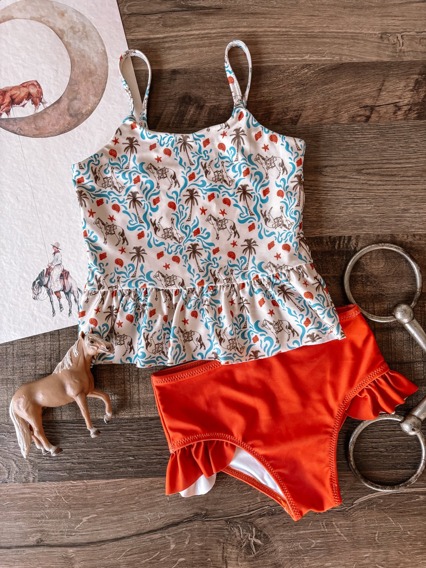 Beach Horse Two-Piece Swimsuit (Baby, Toddler, & Youth) - Natural/Burnt Orange