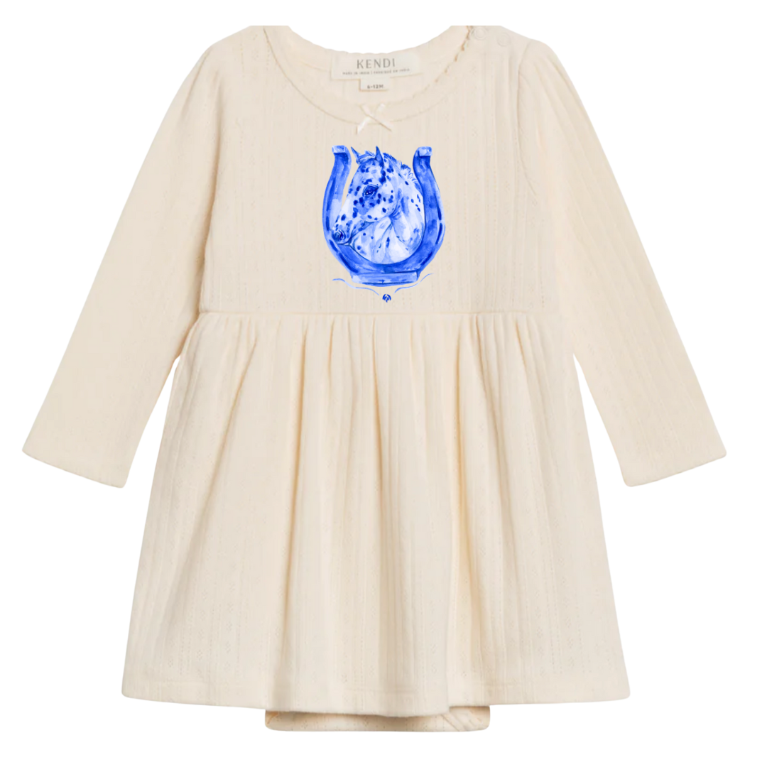 Blue Appy Pointelle Long Sleeve Dress (6-12M) - Ivory