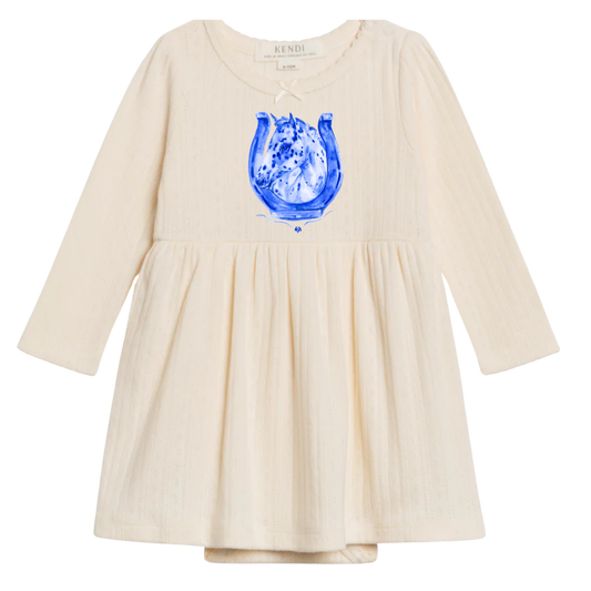 Blue Appy Pointelle Long Sleeve Dress (6-12M) - Ivory