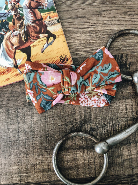 Brown and Pink Floral Bamboo Knotted Infant Bow