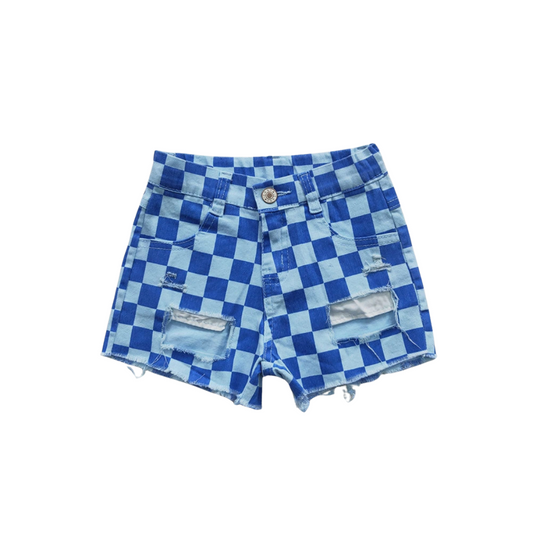 Blue Checkered Distressed Denim Shorts (Baby, Toddler, & Youth)