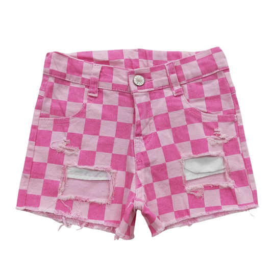 Pink Checkered Distressed Denim Shorts (Baby, Toddler, & Youth)