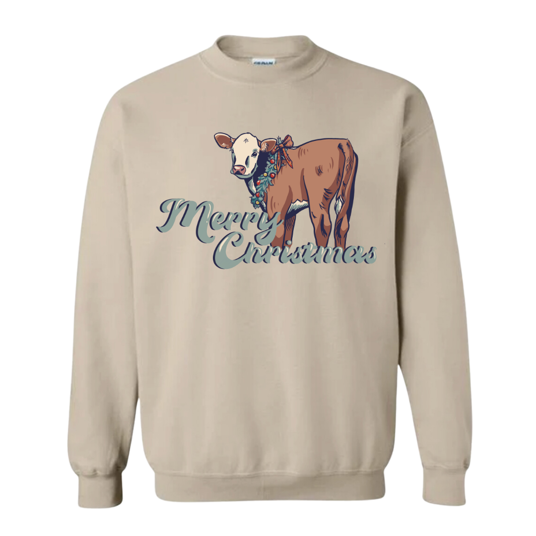 Christmas Hereford Calf Crewneck Sweatshirt (Adult) - Sand