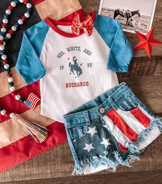 Red, White, & Buckaroo Americana 3/4 Sleeve Raglan Tee (6-12M, 18-24M, 4T)