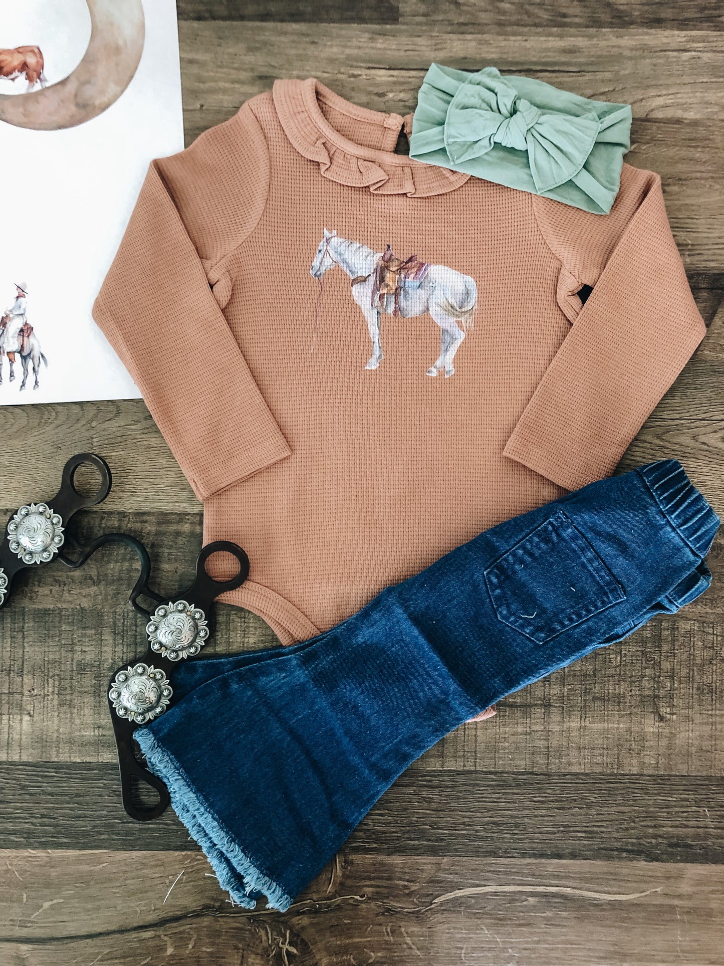 Saddled Horse Waffle Bodysuit (0-3M) - Cider