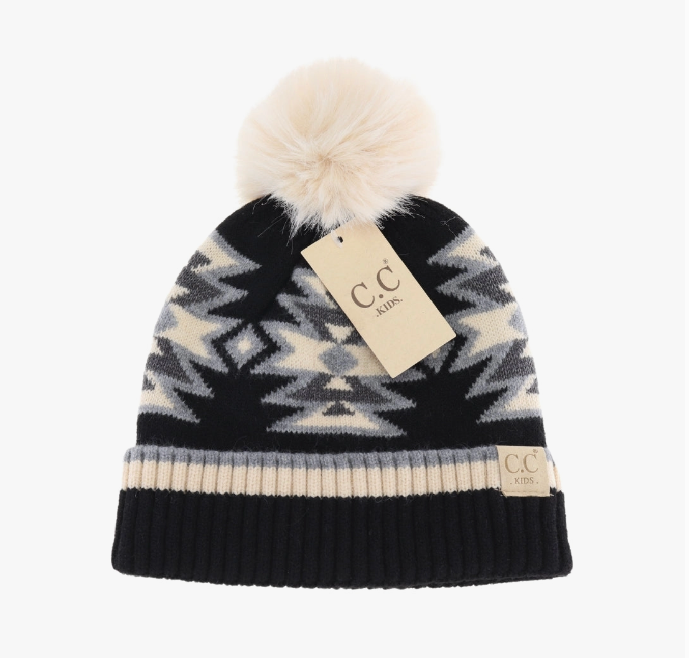 Kids Southwestern Faux Fur Pom C.C Beanie - Black