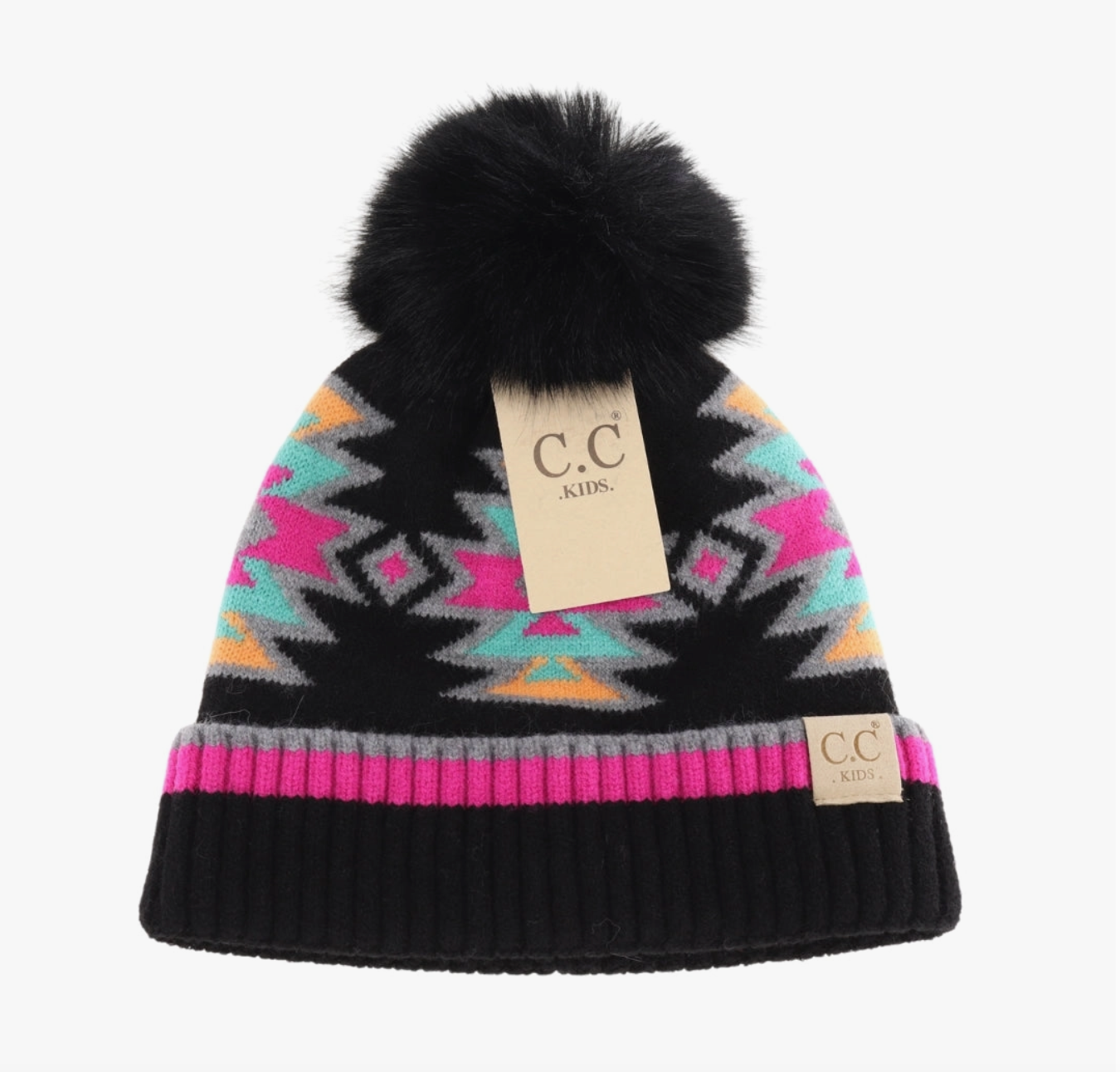 Kids Southwestern Faux Fur Pom C.C Beanie - Multi Black
