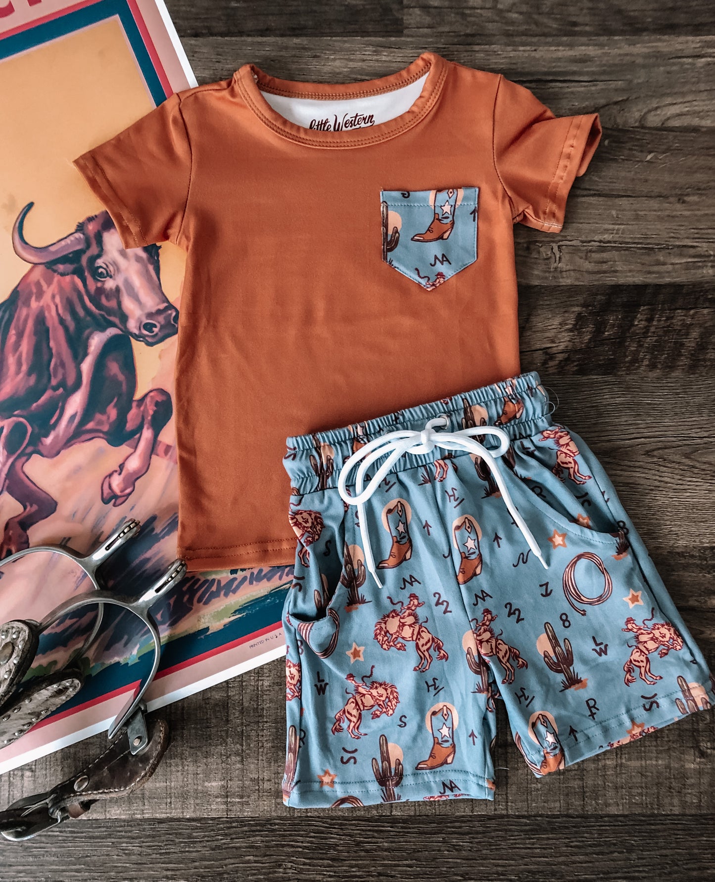 LWB Rearing Horse Boys Short Set (Baby, Toddler, & Youth) - Brown & Indigo