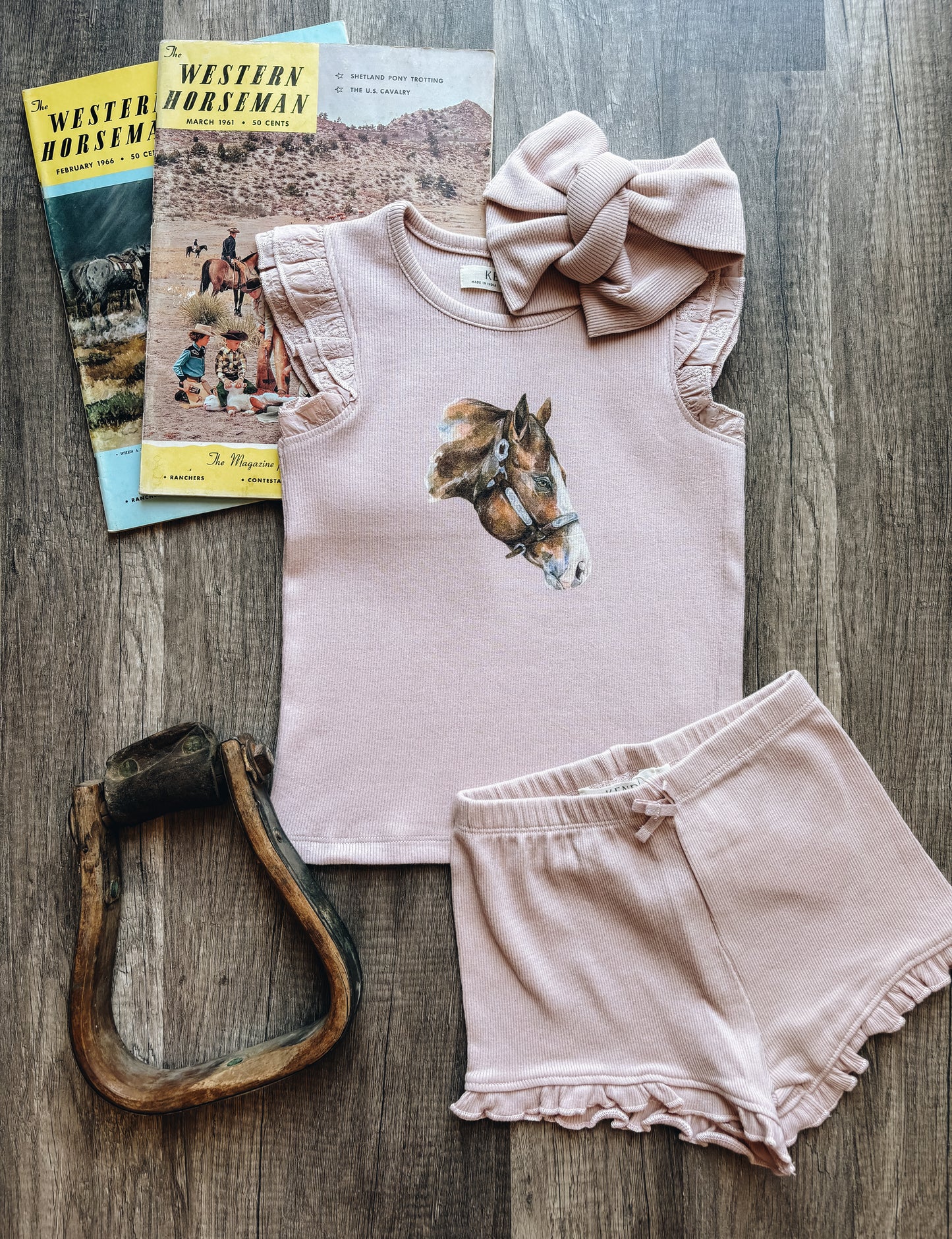 Watercolor Horse Ribbed Tank with Eyelet Ruffle (Baby & Toddler) - Rose