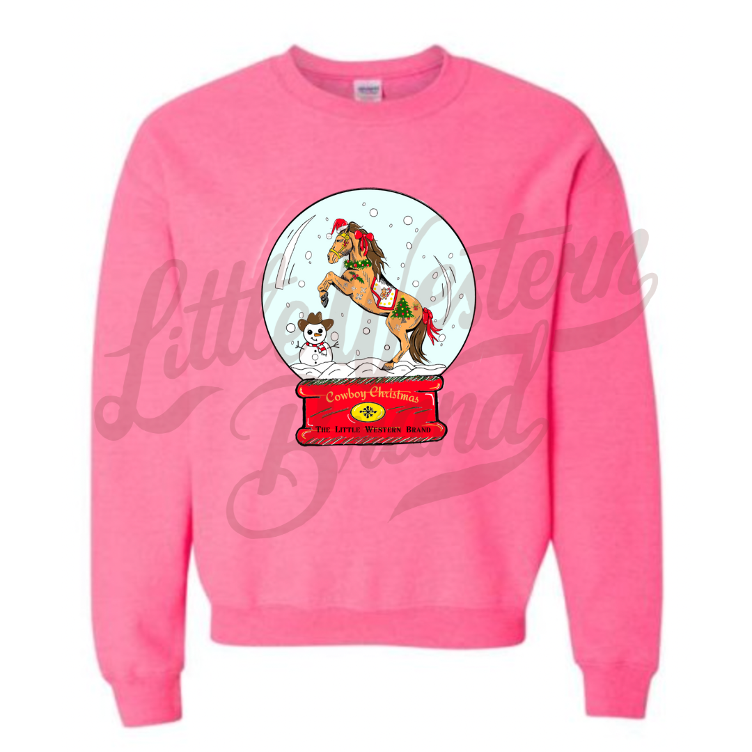 Cowgirl Snow Globe Crewneck Sweatshirt (Adult) - Safety Pink