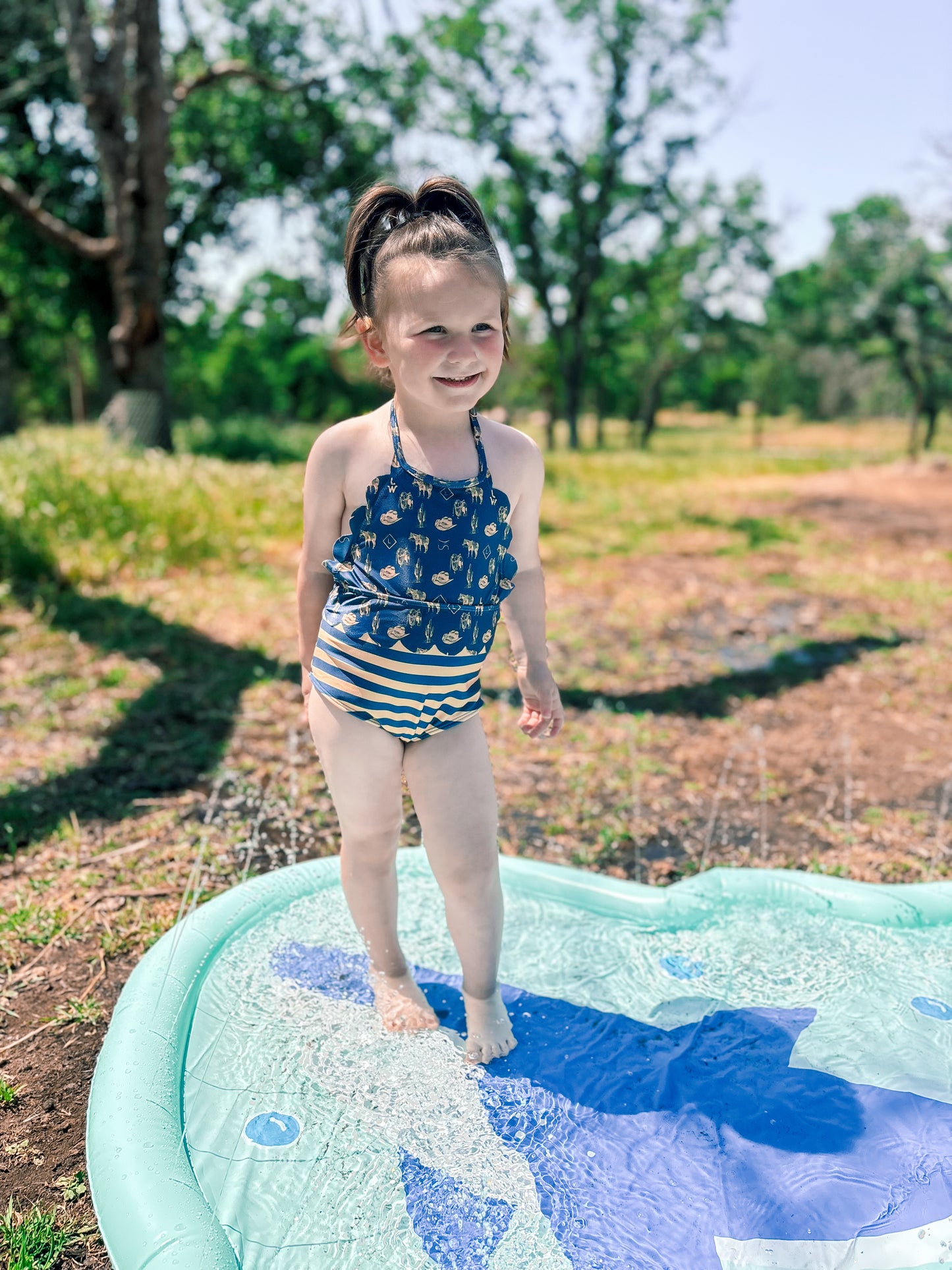 All Things Western One-Piece Scalloped Swimsuit (Baby, Toddler, & Youth) - Navy Blue