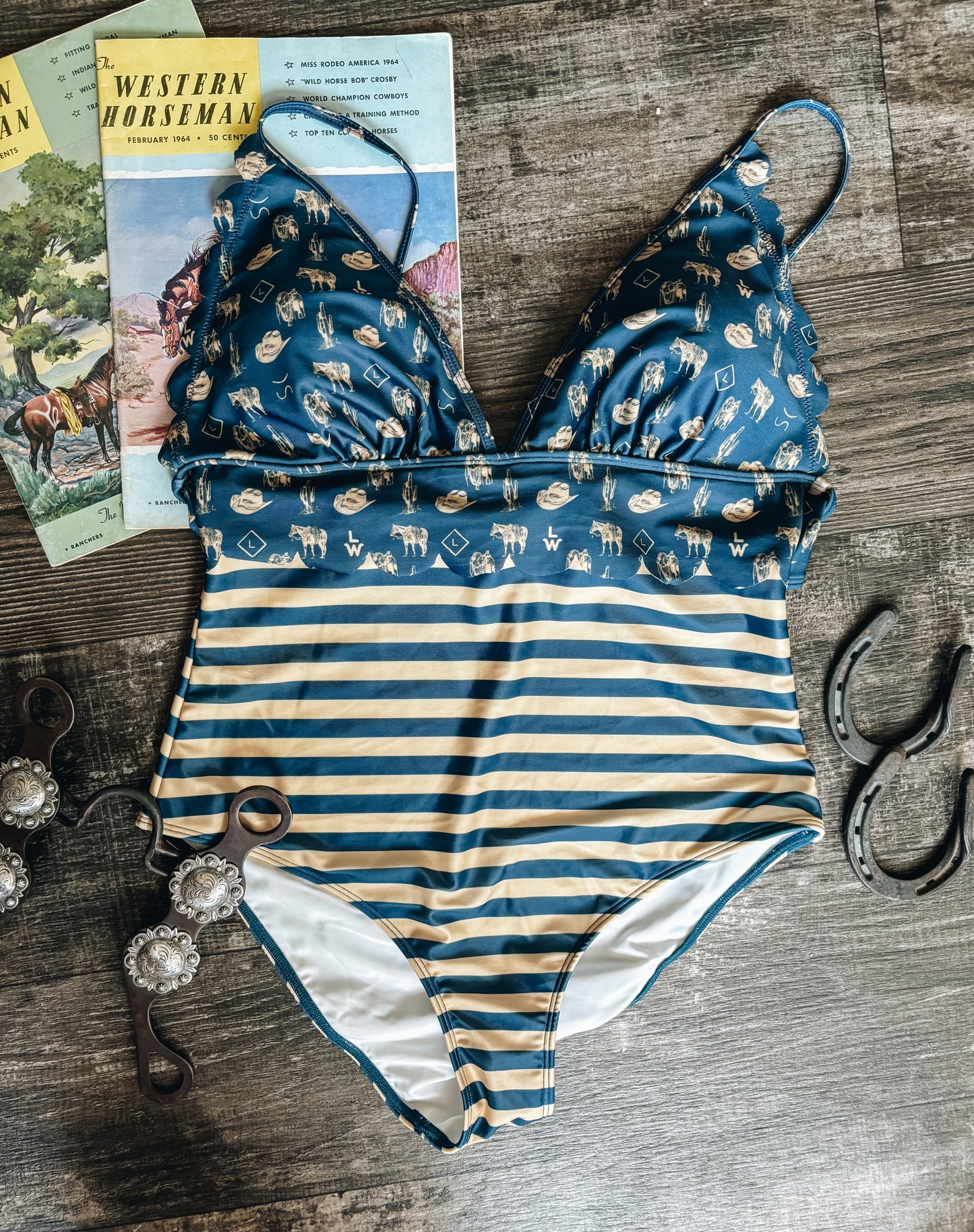 All Things Western Women's One-piece  Scalloped Swimsuit (Women's) - Navy Blue