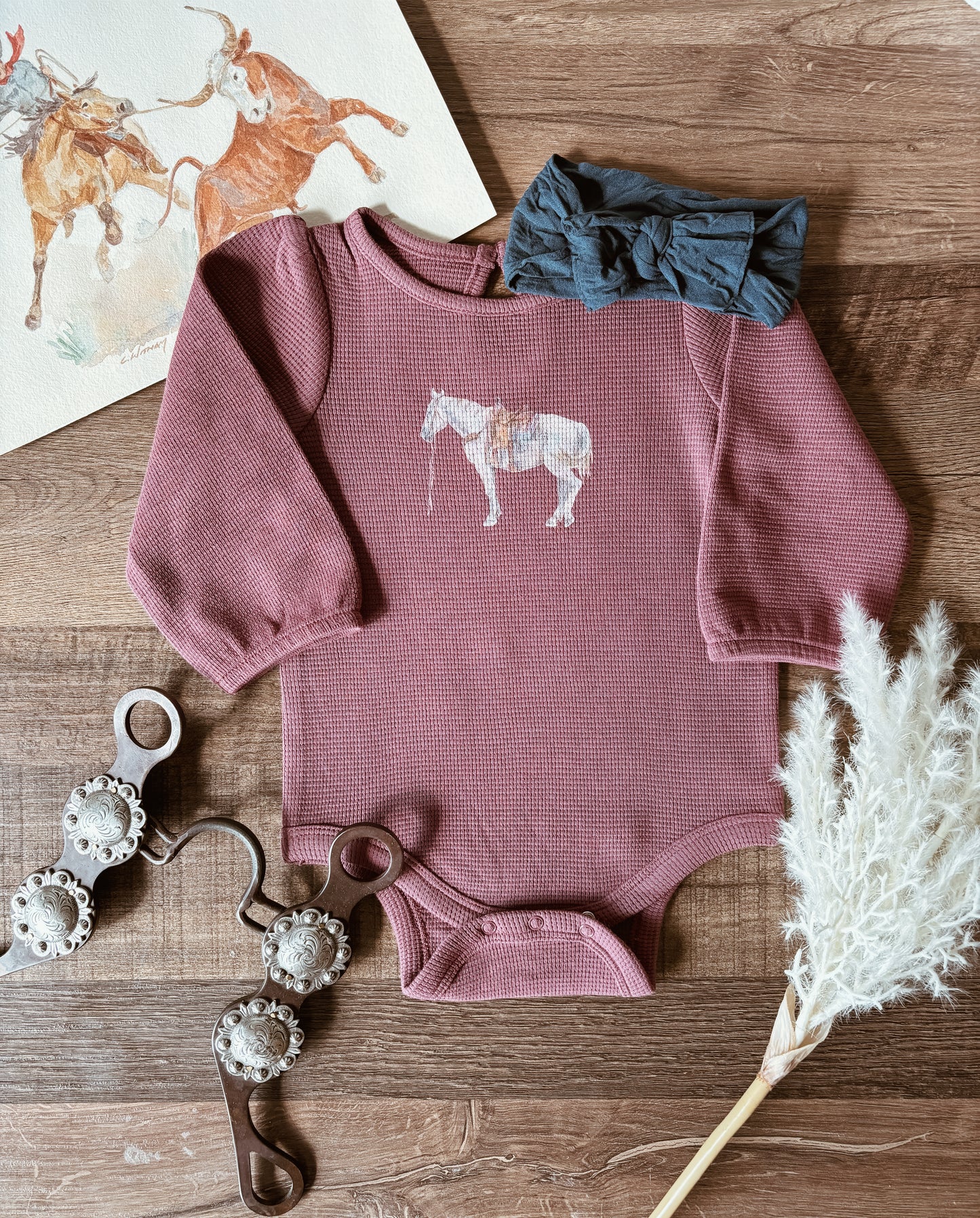 Ranch Horse Waffle Knit Bodysuit (0-3M) - Mulberry