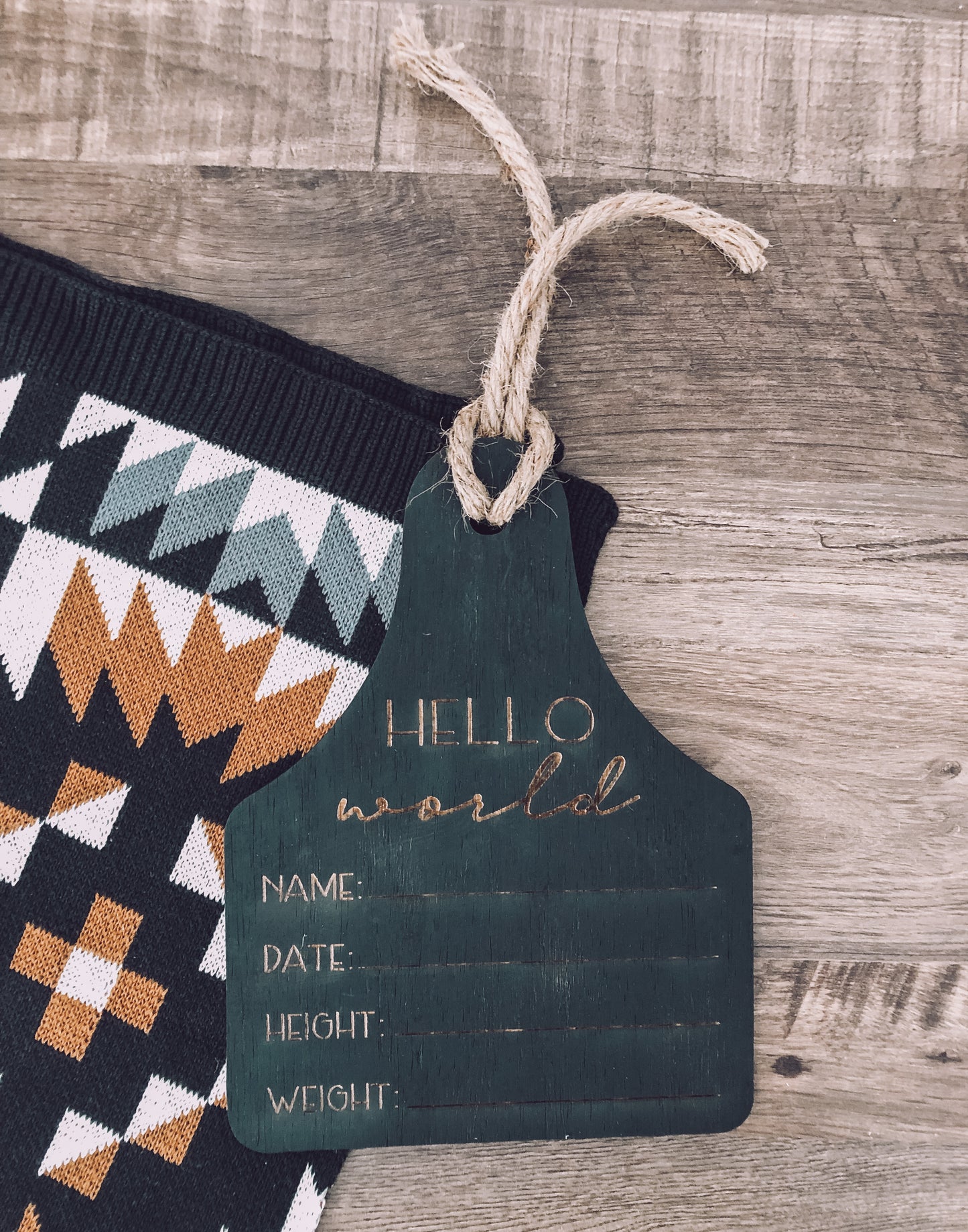 Wood Ear Tag Birth Announcement - Black