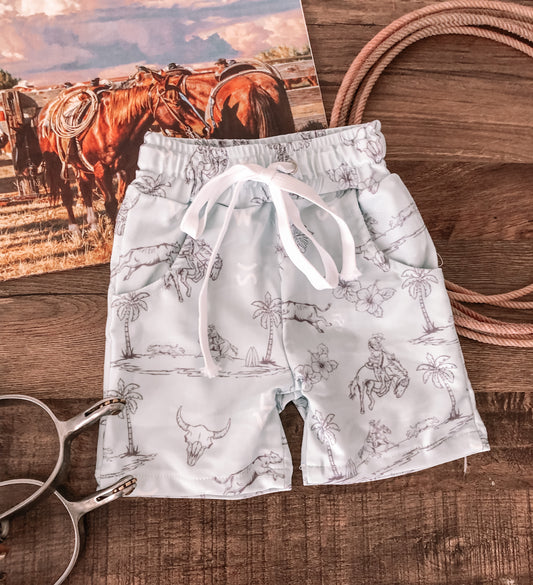 Tropical Cowboy Swim Trunks - Light Blue