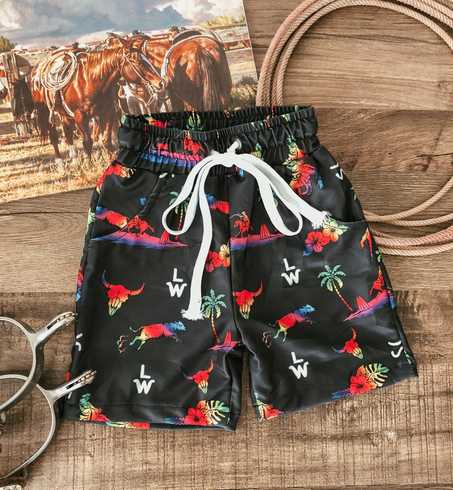 Tropical Cowboy Swim Trunks - Black and Neon