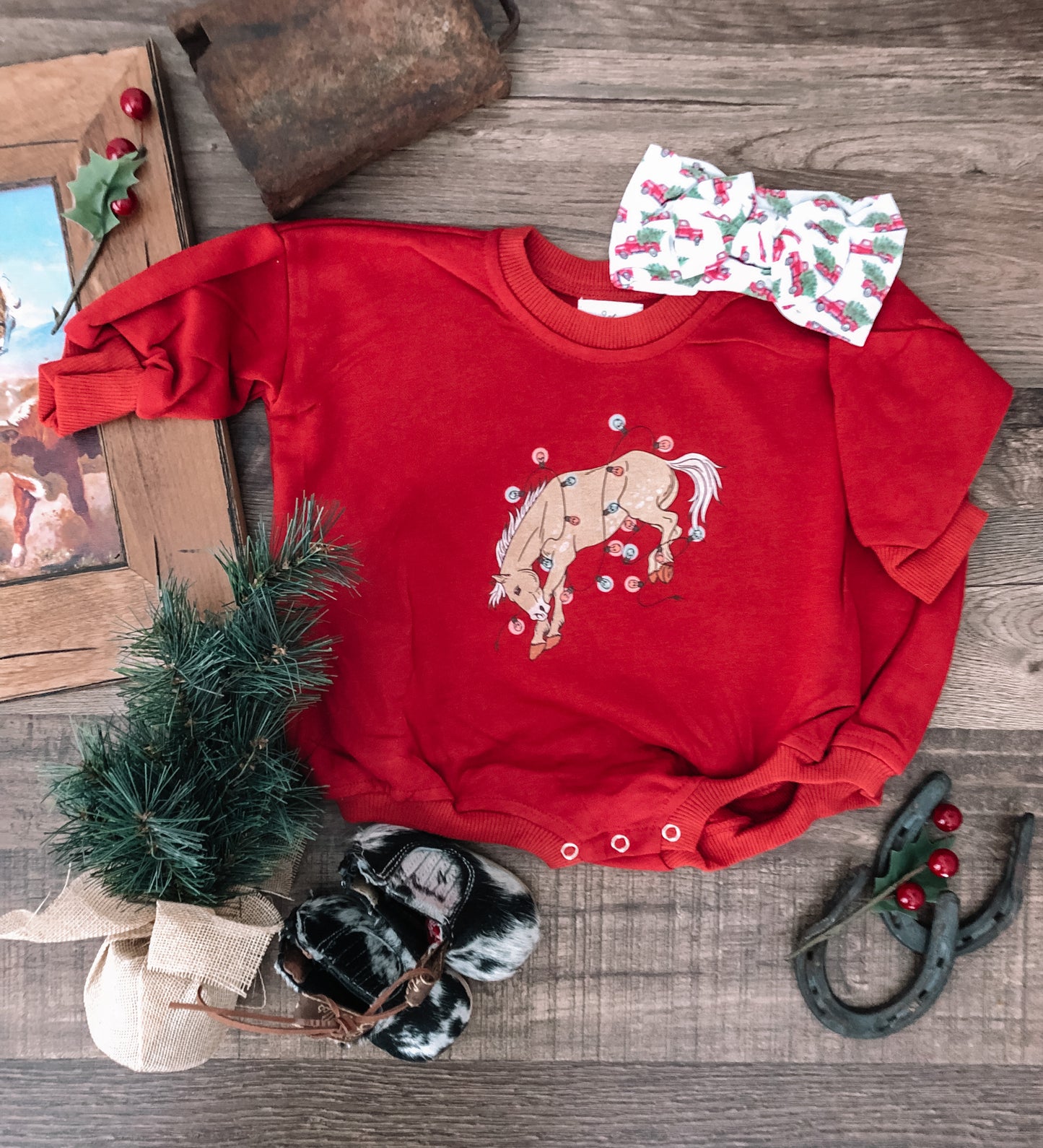 Bucking Palomino with Lights Bubble Romper (Baby) - Red