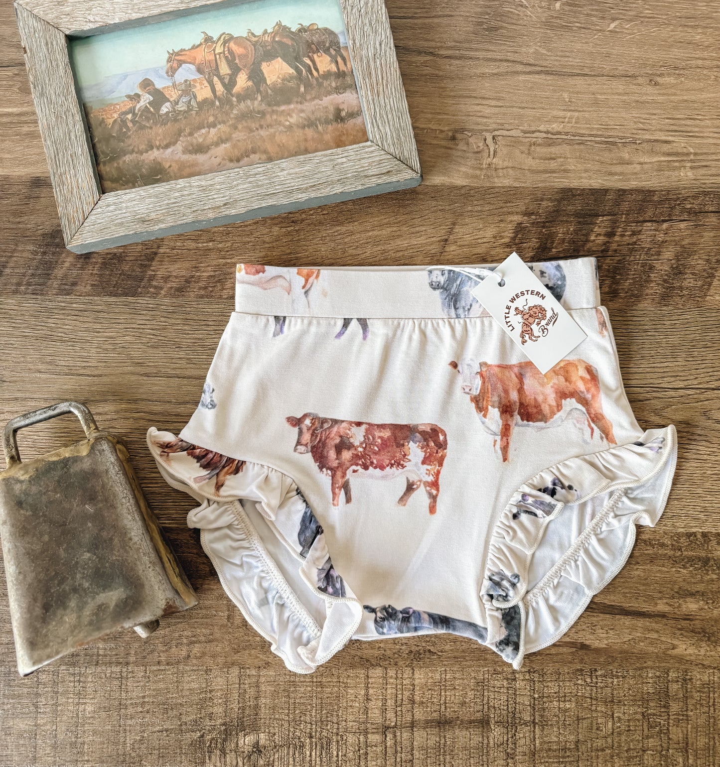 Watercolor Cows Ruffle Bummies (Baby) - Cream