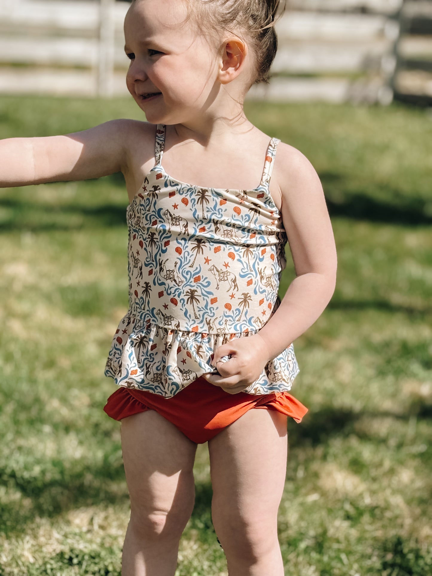 *Preorder* Beach Horse Two-Piece Swimsuit (Baby, Toddler, & Youth) - Natural/Burnt Orange