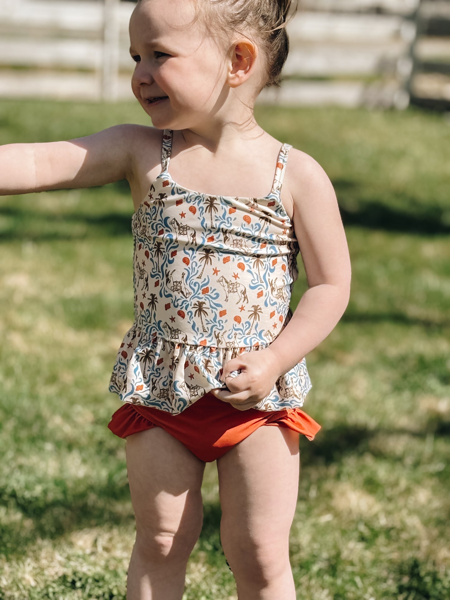 Beach Horse Two-Piece Swimsuit (Baby, Toddler, & Youth) - Natural/Burnt Orange