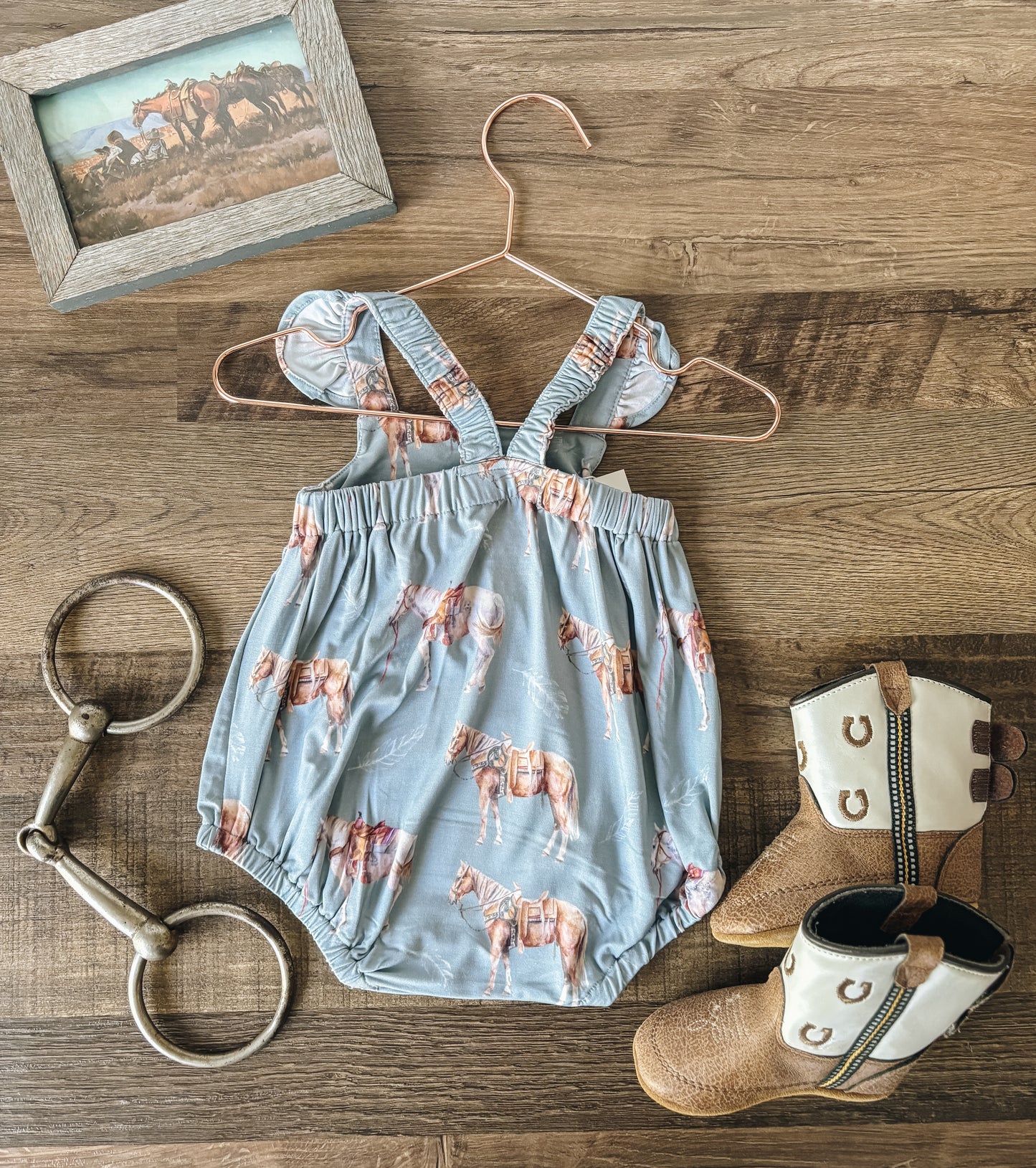 Watercolor Horses Bamboo Ruffle Bubble Romper (Baby) - Dusty Blue