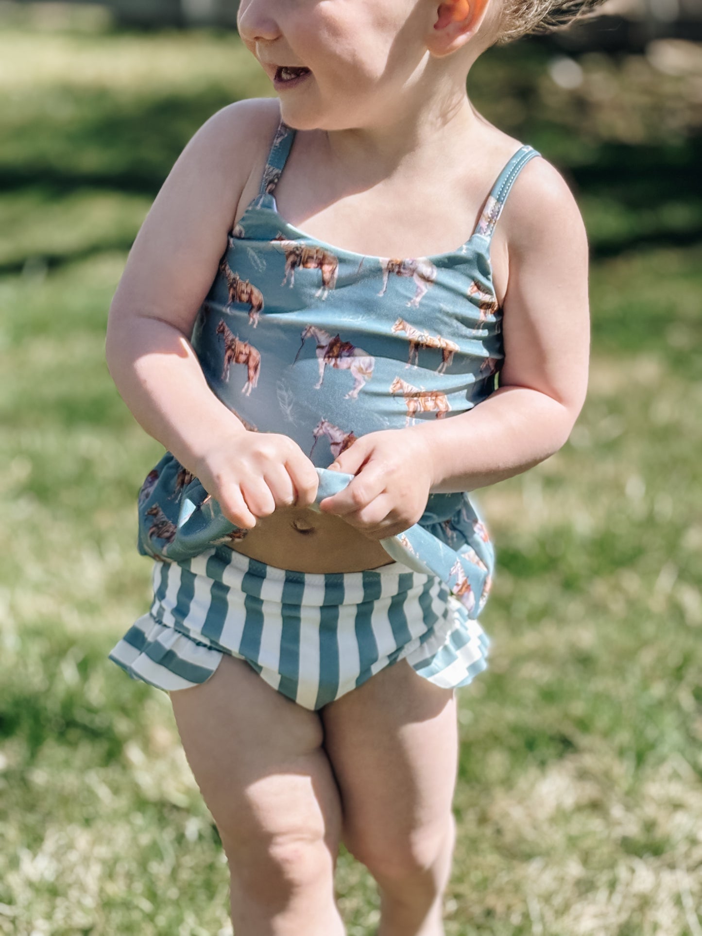 *Preorder* Ranch Horse Two-Piece Swimsuit (Baby, Toddler, & Youth) - Dusty Blue