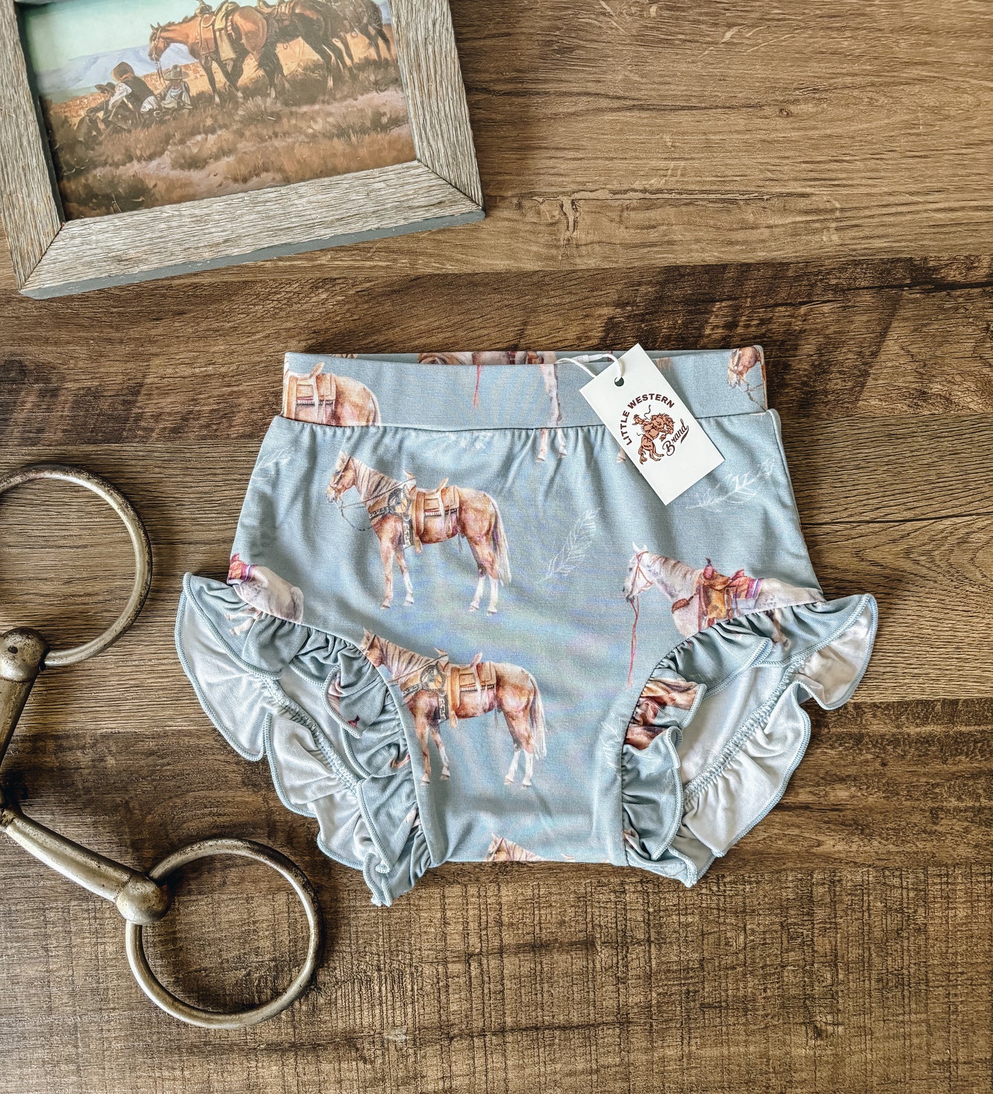 Watercolor Horses Ruffle Bummies (Baby) - Dusty Blue