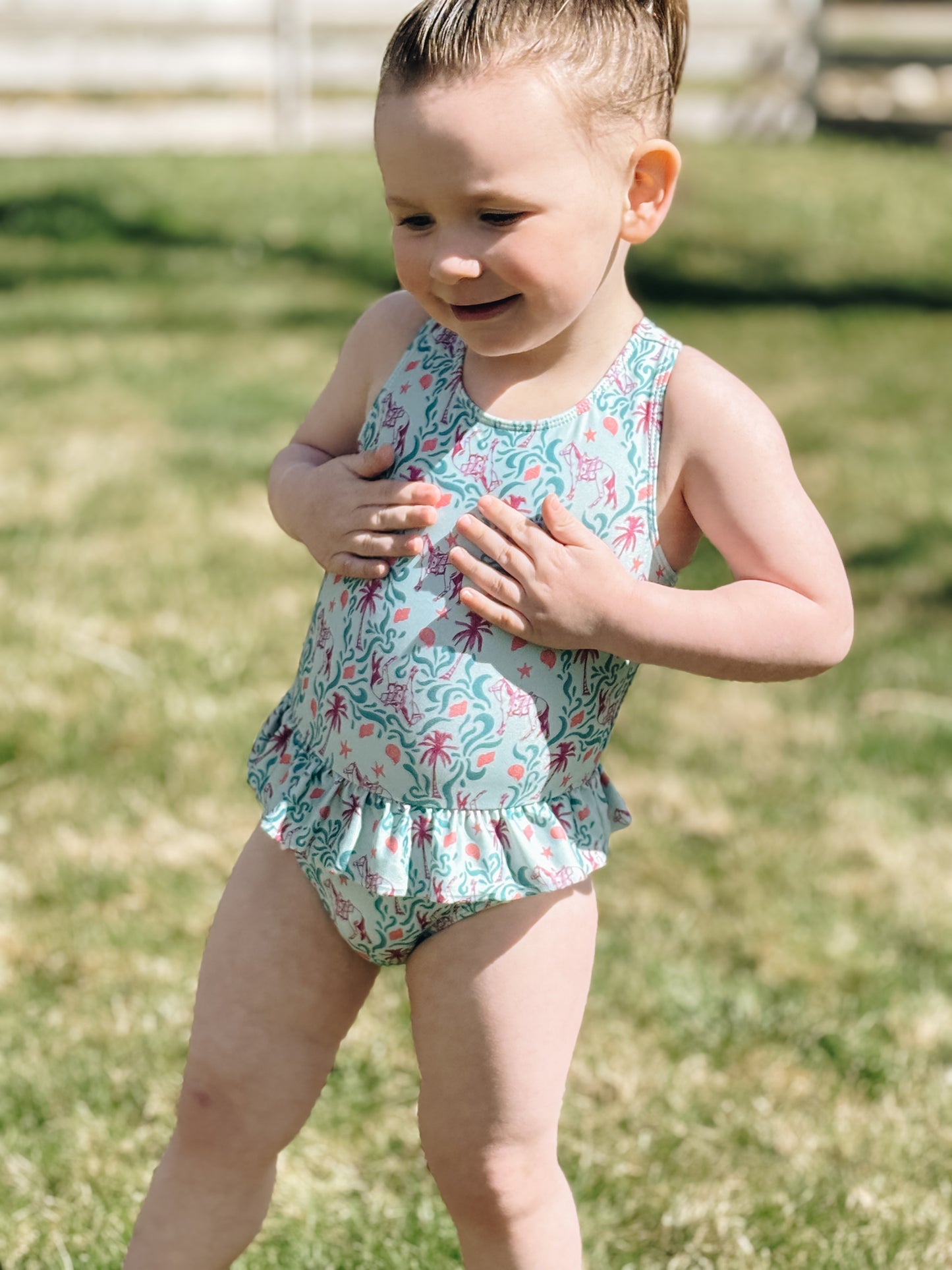 *Preorder* Beach Horse One-Piece Ruffle Swimsuit (Baby, Toddler, & Youth) - Teal