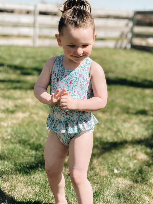*Preorder* Beach Horse One-Piece Ruffle Swimsuit (Baby, Toddler, & Youth) - Teal