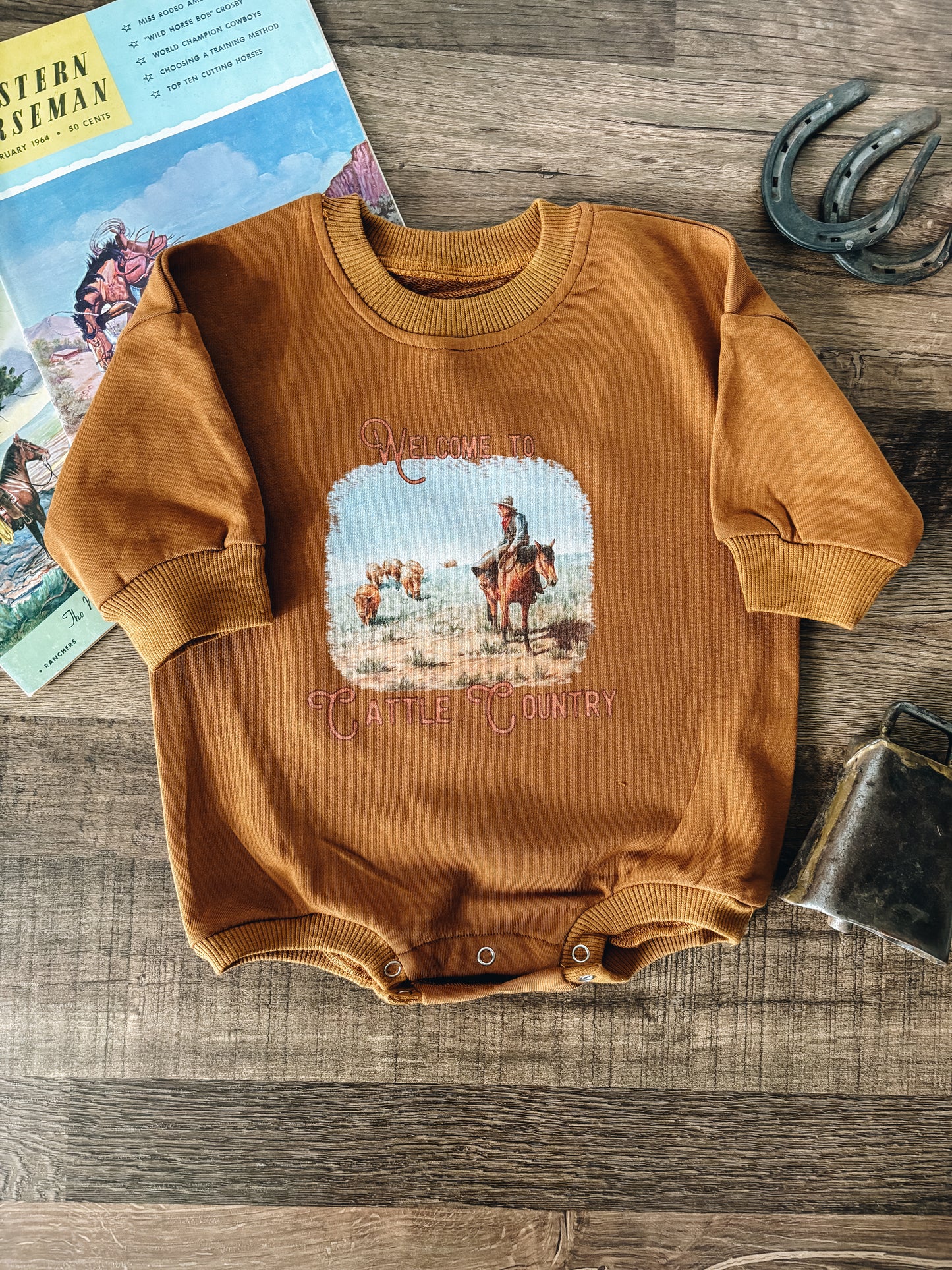 Welcome to Cattle Country Bubble Romper - Brown