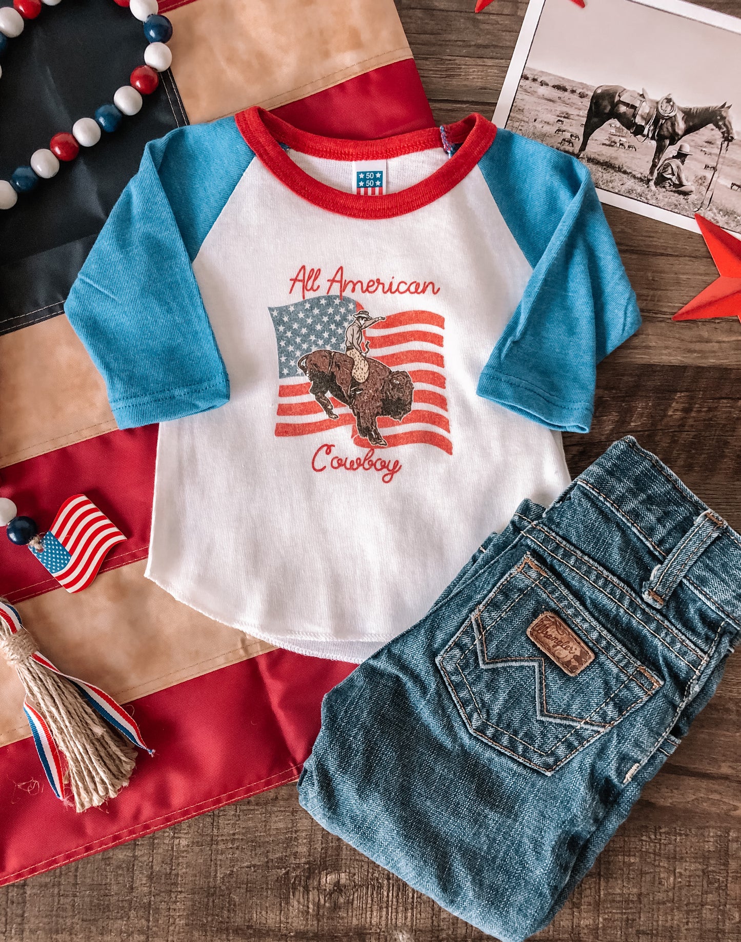 All American Cowboy Americana 3/4 Sleeve Raglan Tee (12-18M, 4T)