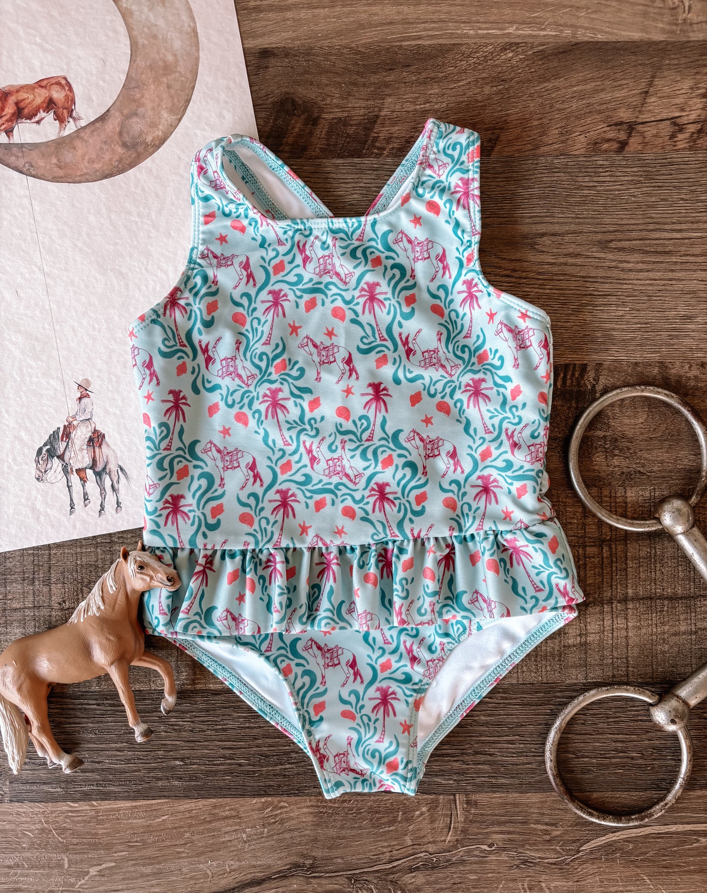 Beach Horse One-Piece Ruffle Swimsuit (Baby, Toddler, & Youth) - Teal
