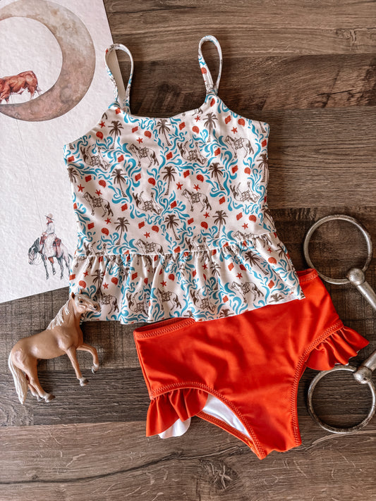 *Preorder* Beach Horse Two-Piece Swimsuit (Baby, Toddler, & Youth) - Natural/Burnt Orange