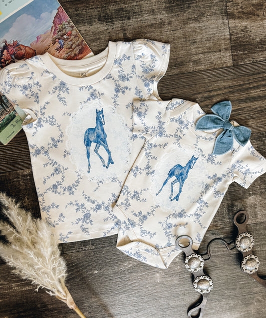 Blue Foal Doily Floral Bodysuit (Baby) - Serena Floral / Rain