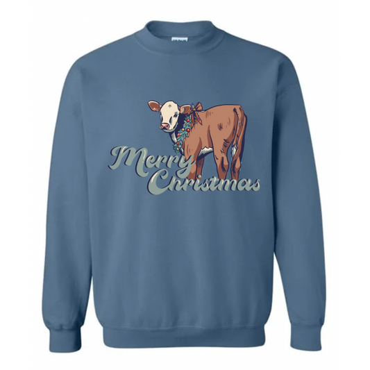 Christmas Hereford Calf Crewneck Sweatshirt (Adult) - Indigo Blue