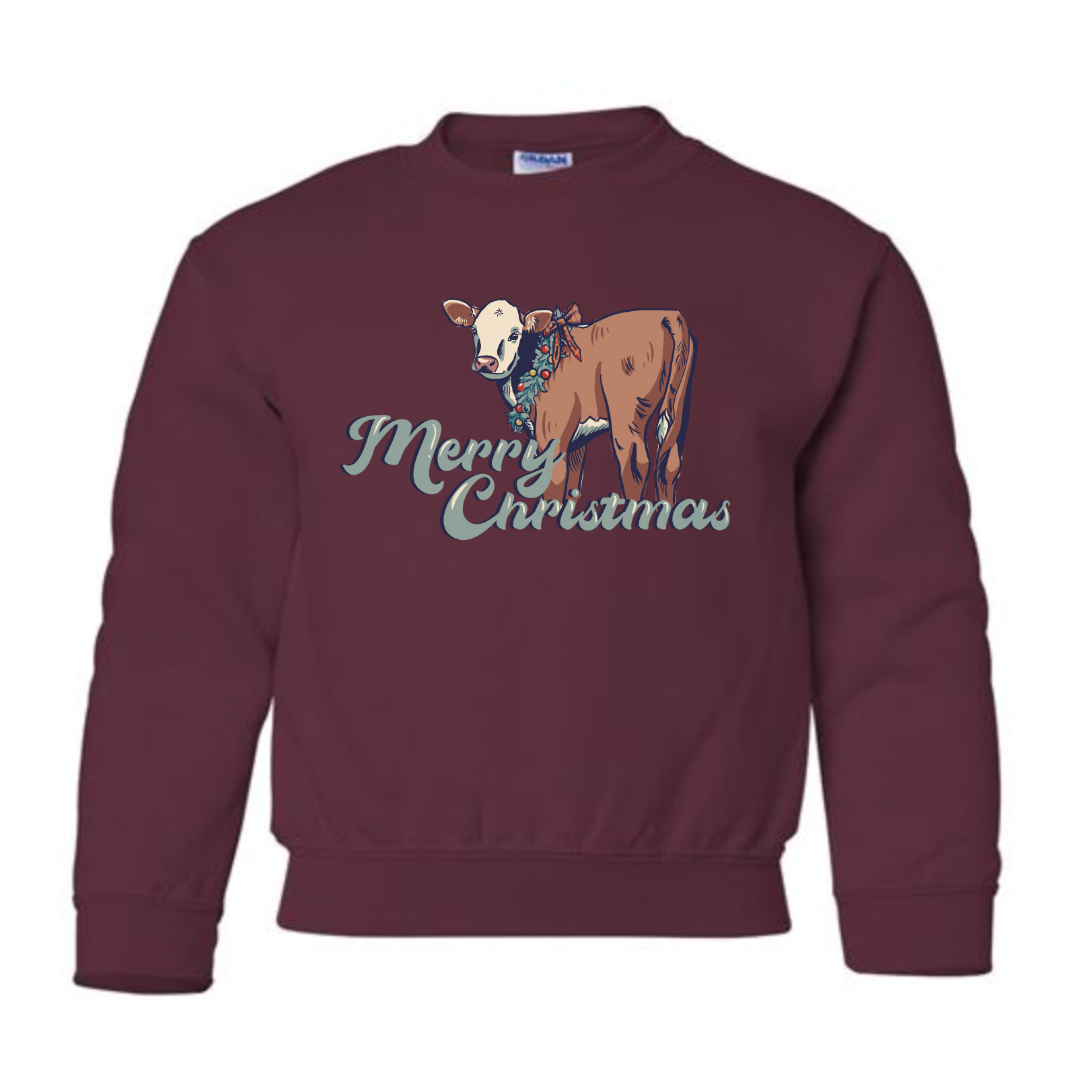 Christmas Hereford Calf Crewneck Sweatshirt (Youth) - Maroon