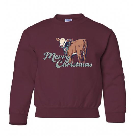 Christmas Hereford Calf Crewneck Sweatshirt (Youth) - Maroon