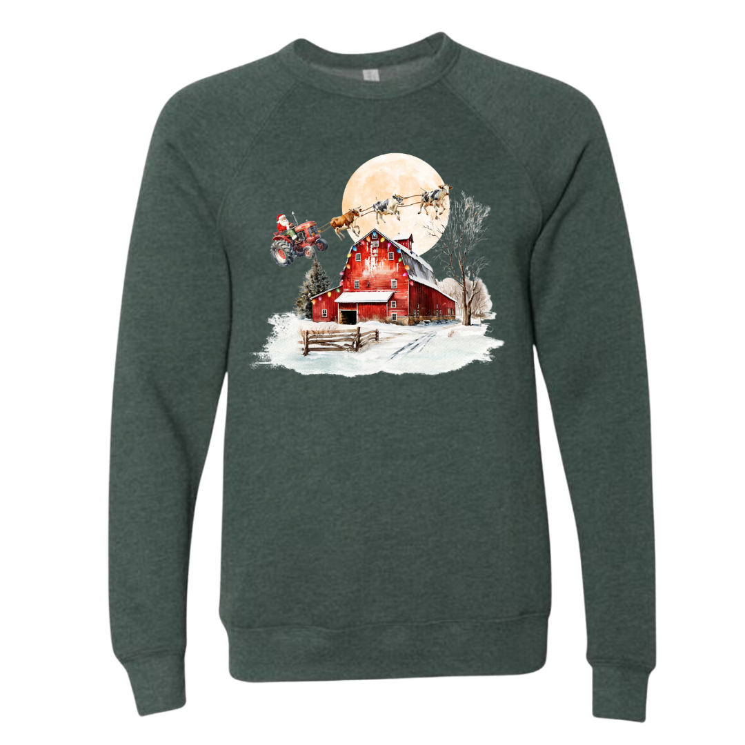 Santa on a Tractor Crewneck Sweatshirt (Adult) - Heather Forest