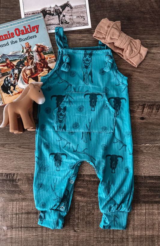 Cow Dogs & Deer Sheds Ribbed Overall Romper (Baby) - Turquoise