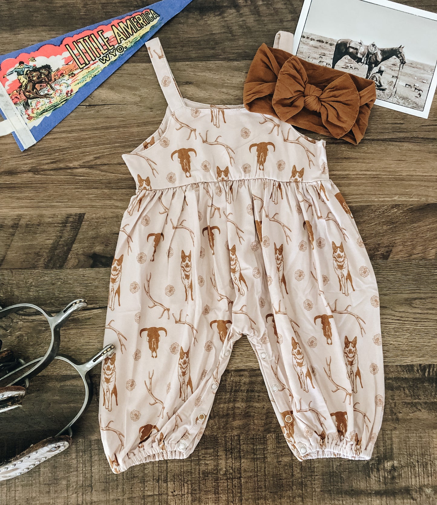 Cow Dogs and Antlers Bubble Pants Romper - Tan
