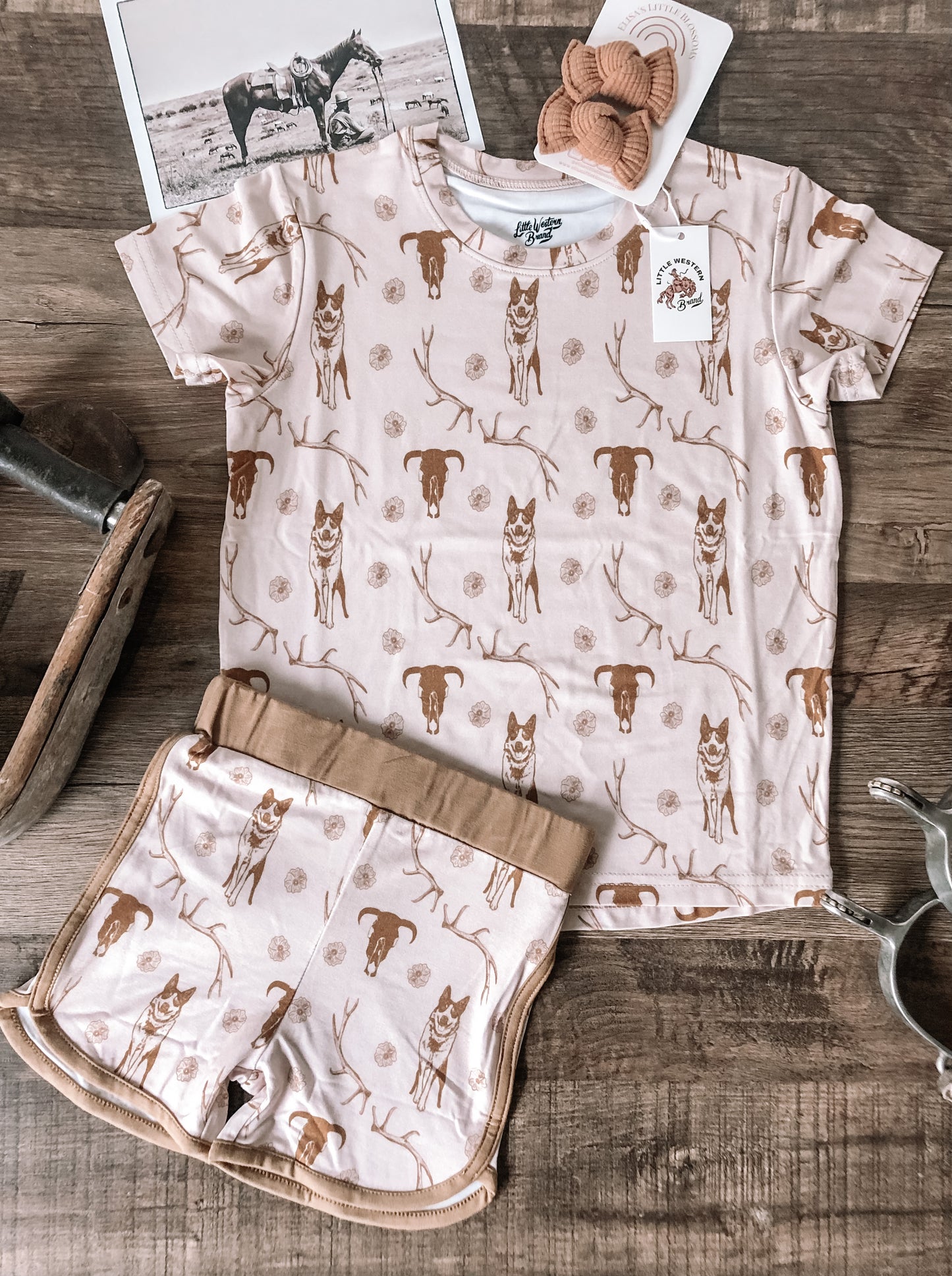 Cow Dogs & Antlers Bamboo T-Shirt and Shorts Set (Toddler & Youth) - Tan
