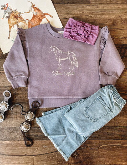 Boss Mare Crewneck Ruffle Sweatshirt (Baby & Toddler) - Fog Purple