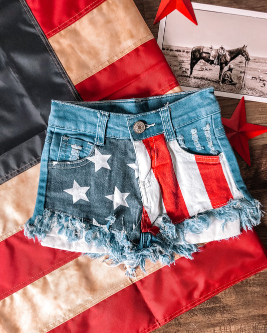 American Flag Distressed Denim Shorts (Baby, Toddler, & Youth)