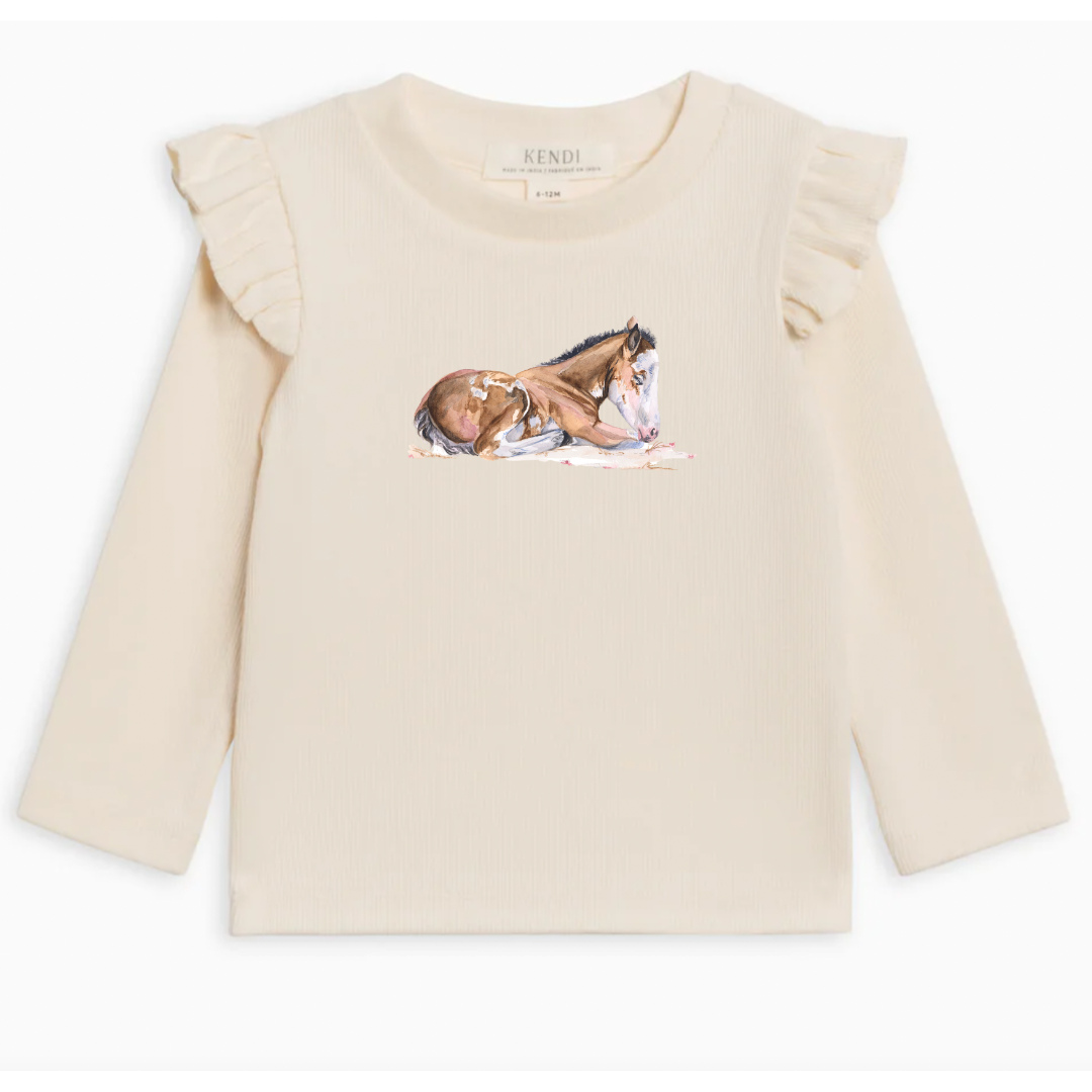 Laying Foal Ribbed Ruffle Long Sleeve Top (Toddler) - Ivory