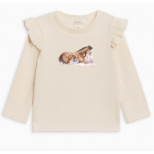 Laying Foal Ribbed Ruffle Long Sleeve Top (Toddler) - Ivory