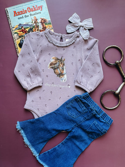 Long Live Cowgirls Waffle Knit Lace Neckline Bodysuit - Purple Floral