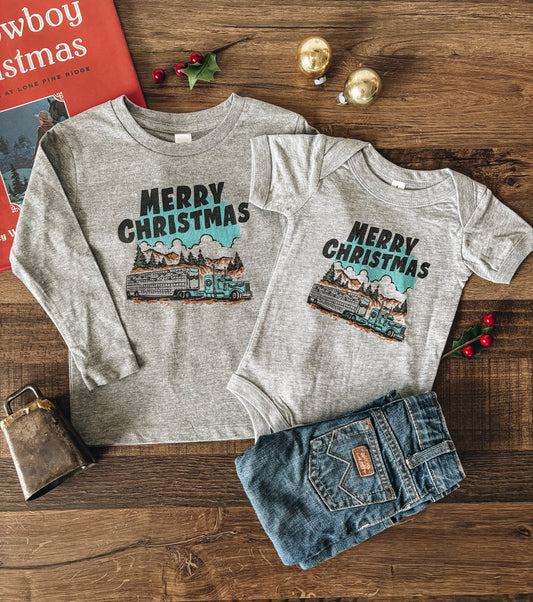 Merry Christmas Cattle Truck (Baby, Toddler, & Youth) - Grey